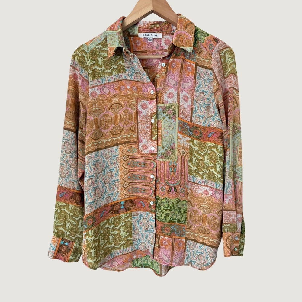 Rose + Olive Patchwork Paisley Print Button Down Blouse Long Sleeve MultiColor S
